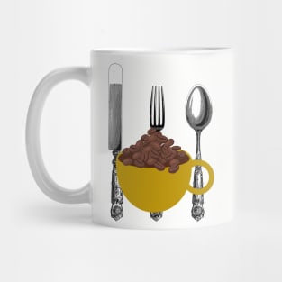 Coffee. Cup Of Beans. Knife, Fork, Spoon Retro Collage Graphic Mug